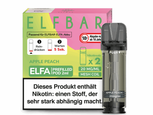 Elfbar Elfa Apple Peach Pod Apfel Pfirsich Geschmack Bild der Verpackung Dampfen