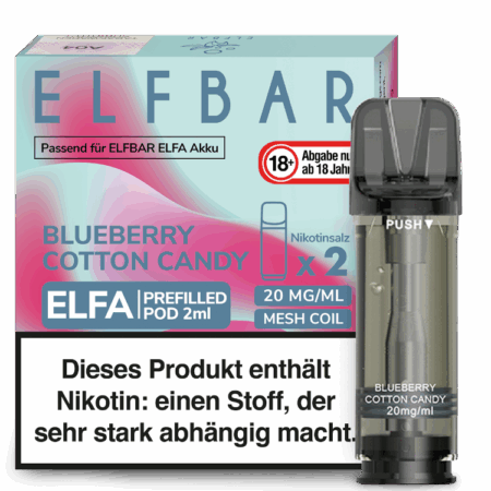 Elfbar Elfa Blueberry Cotton Candy Pod Heidelbeer Zuckerwatte Geschmack Bild der Verpackung Dampfen