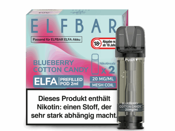 Elfbar Elfa Blueberry Cotton Candy Pod Heidelbeer Zuckerwatte Geschmack Bild der Verpackung Dampfen