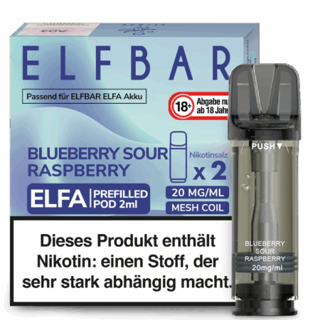 Elfbar Elfa Blueberry Sour Raspberry Pod Heidelbeer und saure Himbeeren Geschmack Bild der Verpackung Dampfen