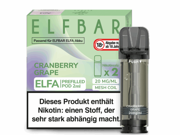 Elfbar Elfa Cranberry Grape Pod Cranberry und Trauben Geschmack Bild der Verpackung Dampfen