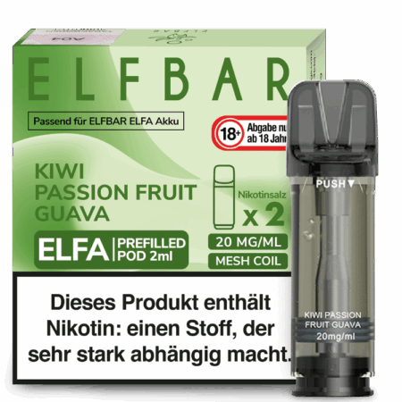 Elfbar Elfa Kiwi-Passionfruit-Guava Pod Kiwi-Passionsfrucht-Guave Geschmack Bild der Verpackung Dampfen
