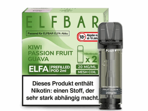 Elfbar Elfa Kiwi-Passionfruit-Guava Pod Kiwi-Passionsfrucht-Guave Geschmack Bild der Verpackung Dampfen