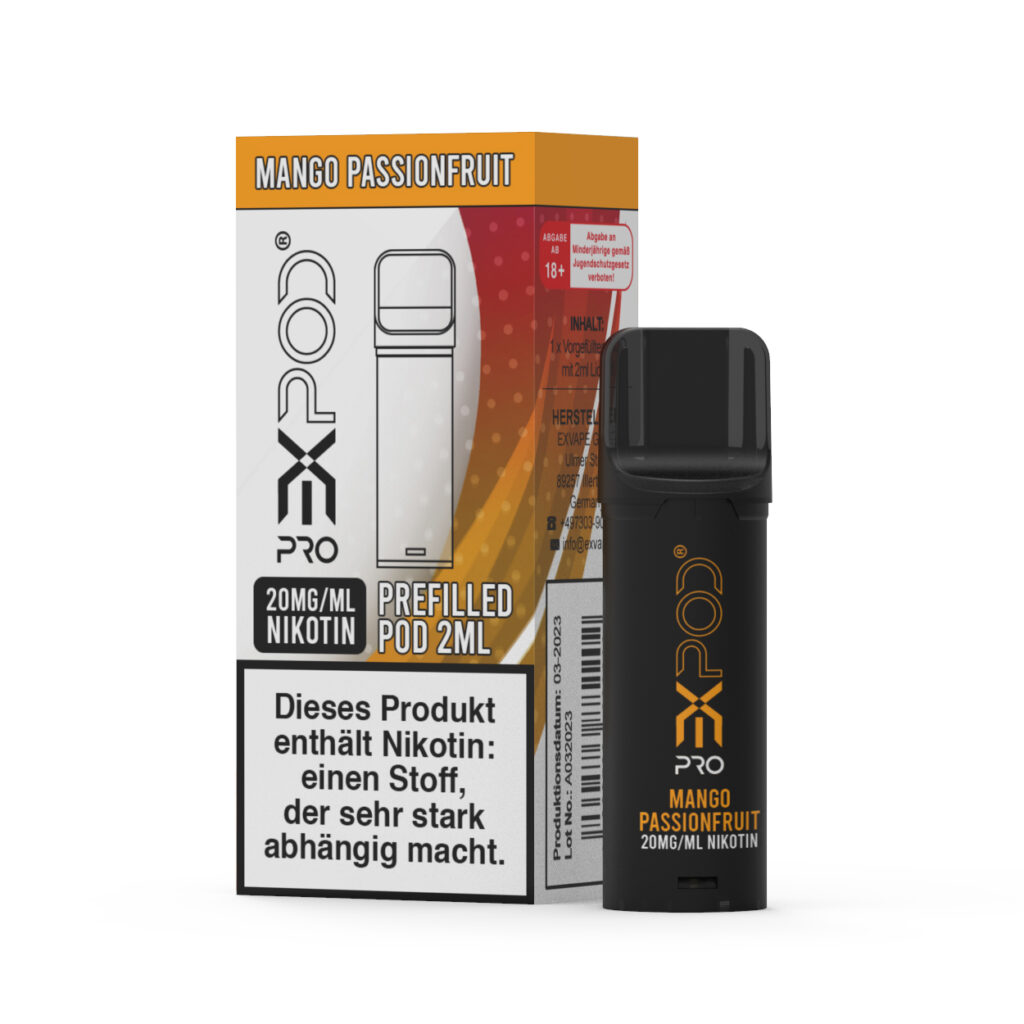 Expod Pro Mango Passionfruit Nikotinsalz 20mg Pod Bild mit Verpackung und Pod Dampfen