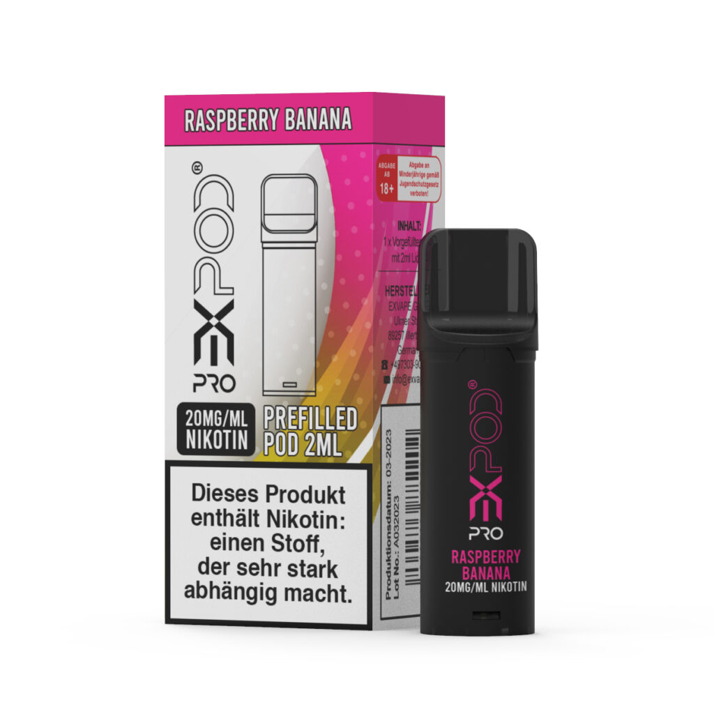 Expod Pro Raspberry Banana Nikotinsalz 20mg Pod Bild mit Verpackung und Pod Dampfen