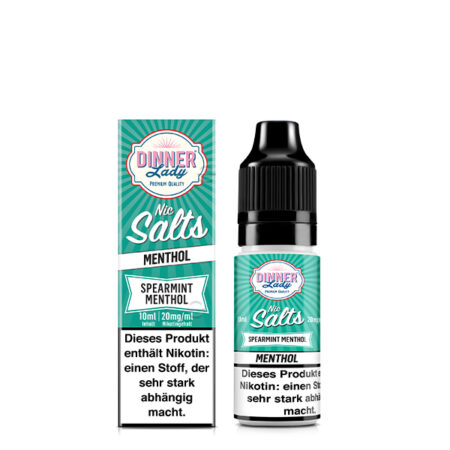 Dinner Lady Premium Liquid Spearmint Menthol Pfefferminz Menthol Geschmack Bild Verpackung und der Liquid Flasche 20 mg Nikotinsalz Dampfen