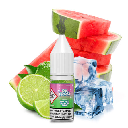 Dr. Frost Ice Cold Watermelon Lime eisgekühlte Wassermelone mit Limetten Geschmack Bild der Flasche mit Eiswürfel Limetten und Wassermelonen