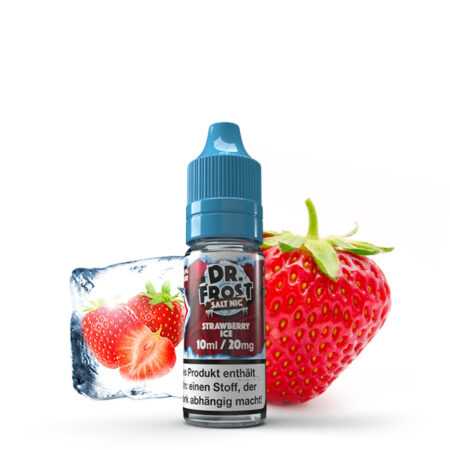 Dr. Frost Strawberry Ice Erdbeere kühle Geschmack Bild der Flasche mit Eiswürfel und Erdbeer