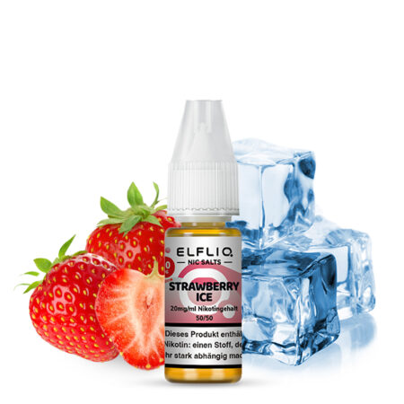 Elfbar Elfliq Strawberry Ice Liquid Eisgekühlte Erdbeer Geschmack Bild mit Erdbeeren und Eiswürfel 20mg Nikotinsalz Dampfen