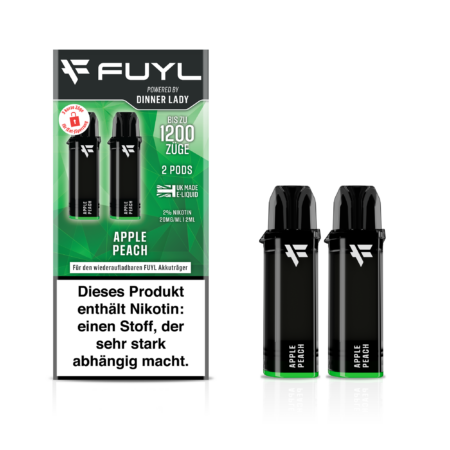 Fuyl Pod Apple Peach Geschmack Apfel Pfirsich powered bei Dinner Lady Bild Karton und Pods