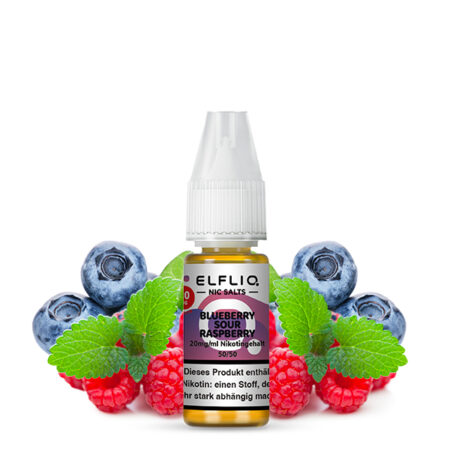Elfbar Elfliq Blueberry Sour Raspberry Liquid Blaubeeren saure Himbeeren Geschmack Bild der Flasche, Himbeeren und Blaubeeren Dampfen