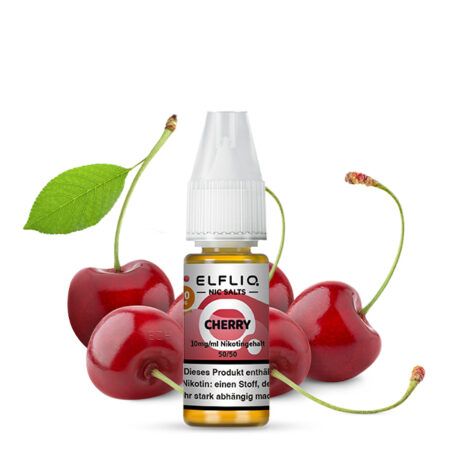 Elfbar Elfliq Cherry Liquid Kirsch Geschmack Bild der Flasche und mit Kirschen Dampfen