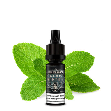 Tom Klarks Dark Menthol Nikotinfrei Liquid Bild der Flasche mit Minzblätter im Hintergrund
