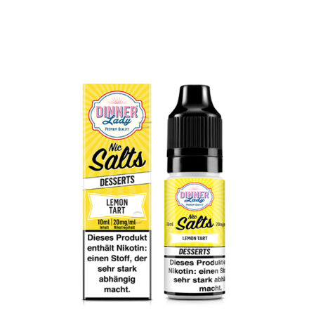Dinner Lady Premium Liquid Lemon Tart Zitronenkuchen Geschmack Bild der Verpackung und der Liquid Flasche 20 mg Nikotinsalz Dampfen