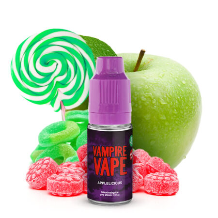 Vampire Vape Applelicious 0mg Liquid Geschmack Apfelbonbon Bild der Flasche, Bonbons und Apfel