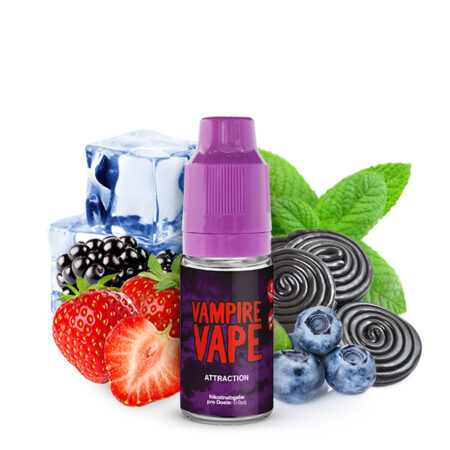 Vampire Vape Attraction 0mg Liquid Geschmack Berren, Lakritz und Frische Bild der Flasche, Beeren, Eiswürfel und Lakritz