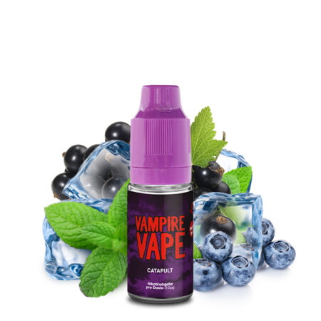 Vampire Vape Catapult 0mg Liquid Geschmack Waldfrüchte und Frische Bild der Flasche, Beeren und Eiswürfel