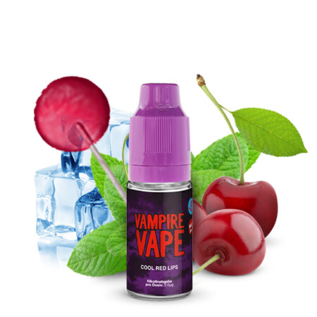Vampire Vape Cool Red Lips 0mg Liquid Geschmack Kirschlolli und Frische Bild der Flasche, Kirschen, Eiswürfel und Lolli