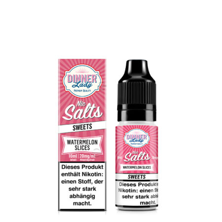 Dinner Lady Premium Liquid Watermelon Slices, Wassermelonen Geschmack Bild der Verpackung und der Liquid Flasche 20 mg Nikotinsalz Dampfen