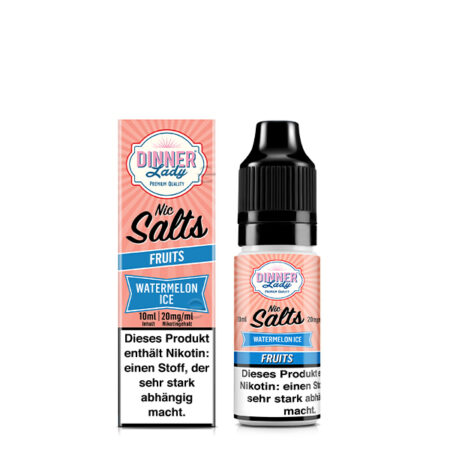 Dinner Lady Premium Liquid Watermelon Ice, Wassermelonen mit Ice Geschmack Bild der Verpackung und der Liquid Flasche 20 mg Nikotinsalz Dampfen