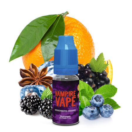 Vampire Vape Heisenberg Orange 0mg Liquid Geschmack Waldfrüchte, Anis, Orange und Kühle Bild der Flasche Orange, Waldfrüchte, Anis und Eiswürfel