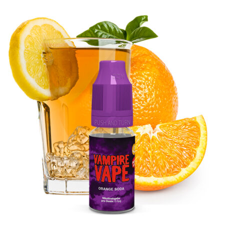 Vampire Vape Orange Soda 0mg Liquid Geschmack Orangenlimonade Bild der Flasche Orangen und Glas Limonade
