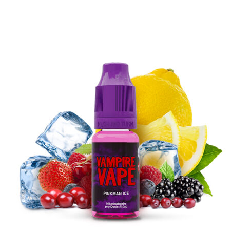 Vampire Vape Pinkman Ice 0mg Liquid Geschmack Beerenmix mit Kühle Bild der Flasche, Eiswürfel und Früchten