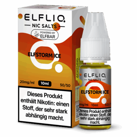 Elfbar Elfliq Elfstorm Ice Liquid; Bild der Flasche und der Verpackung; Geschmack Energy mit Ice