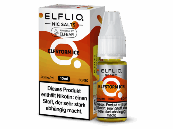 Elfbar Elfliq Elfstorm Ice Liquid; Bild der Flasche und der Verpackung; Geschmack Energy mit Ice