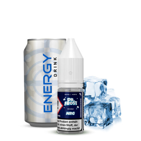 Dr. Frost Ice Cold NRG eisgekühlter Energy Geschmack Bild der Flasche, einer Energy Dose und Eiswürfel