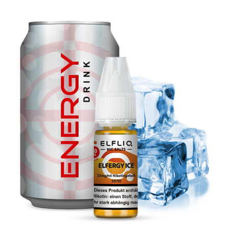 Elfbar Elfliq Elfstorm Ice Liquid; Bild der Flasche, Eiswürfel und Energydose; Geschmack Energy mit Ice