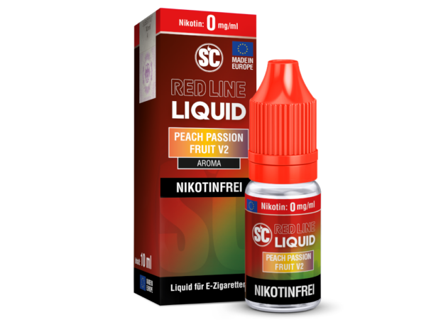 SC Red Line Peach Passion Fruit V2 Liquid nikotinfrei; Bild der Flasche und Verpackung