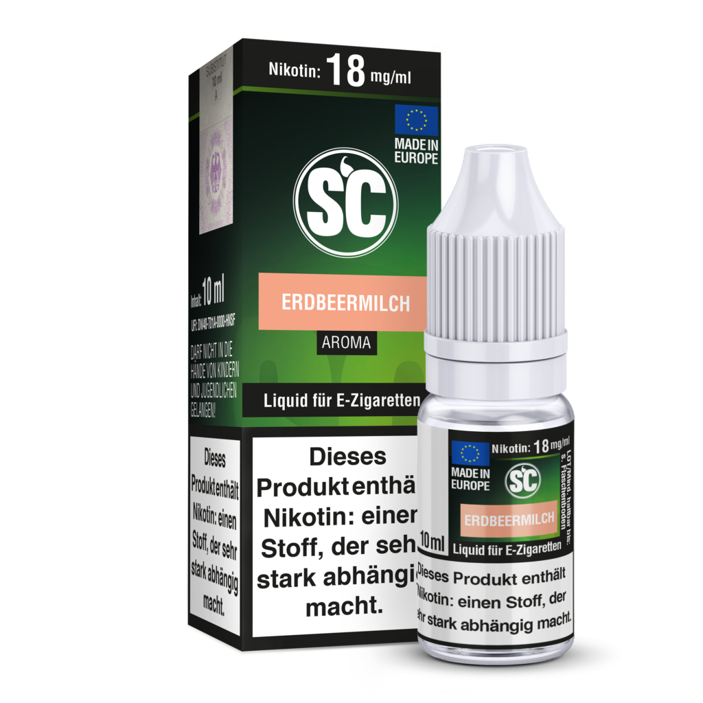 SC Erdbeermilch Liquid nikotinfrei; Bild der Flasche und Verpackung