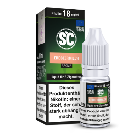 SC Erdbeermilch Liquid nikotinfrei; Bild der Flasche und Verpackung