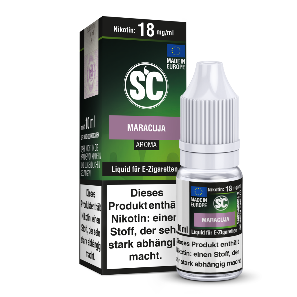SC Maracuja Liquid nikotinfrei; Bild der Flasche und Verpackung