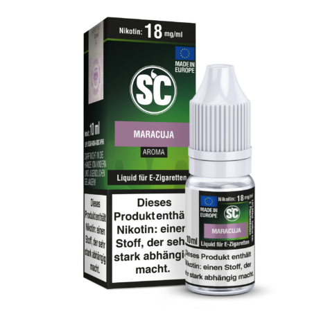 SC Maracuja Liquid nikotinfrei; Bild der Flasche und Verpackung