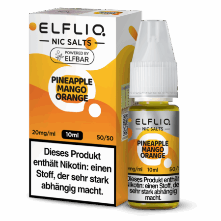 Elfbar Elfliq Pineapple-Mango-Orange Liquid 20mg; Bild der Flasche und der Verpackung; Geschmack Ananas, Mango und Orange