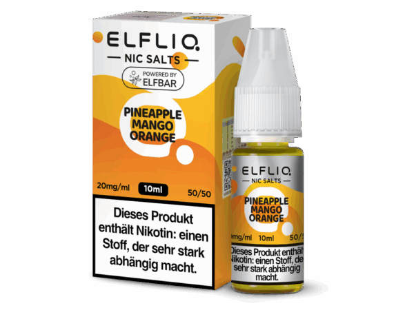 Elfbar Elfliq Pineapple-Mango-Orange Liquid 20mg; Bild der Flasche und der Verpackung; Geschmack Ananas, Mango und Orange