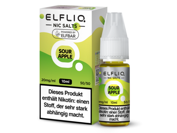 Elfbar Elfliq Sour Apple Liquid; Bild der Flasche und der Verpackung; Geschmack Saurer Apfel