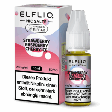Elfbar Elfliq Strawberry-Raspberry-Cherry-Ice Liquid 20mg; Bild der Flasche und der Verpackung; Geschmack Erdbeer, Himbeer, Kirsch und Kühle