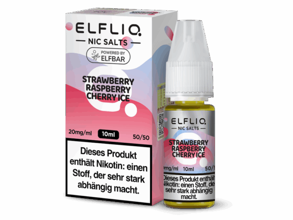 Elfbar Elfliq Strawberry-Raspberry-Cherry-Ice Liquid 20mg; Bild der Flasche und der Verpackung; Geschmack Erdbeer, Himbeer, Kirsch und Kühle