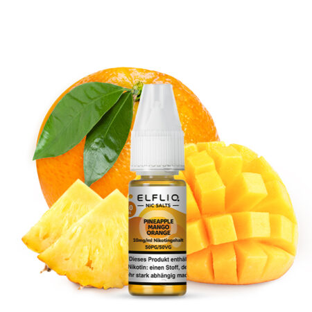 Elfbar Elfliq Pineapple-Mango-Orange Liquid 20mg; Bild der Flasche und Früchten; Geschmack Ananas, Mango und Orange