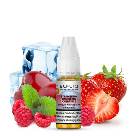 Elfbar Elfliq Strawberry-Raspberry-Cherry-Ice Liquid 20mg; Bild der Flasche und Früchten; Geschmack Erdbeer, Himbeer, Kirsch und Kühle