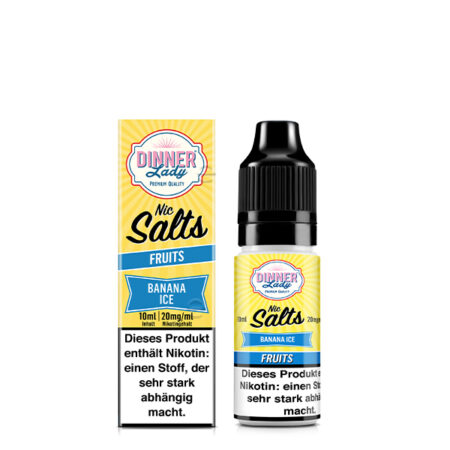 Dinner Lady Premium Liquid Banana Ice, Bananen Ice Geschmack Bild der Verpackung und der Liquid Flasche 20 mg Nikotinsalz Dampfen