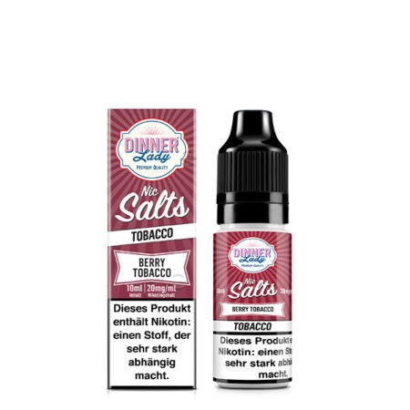 Dinner Lady Premium Liquid Berry Tobacco, Tabak und Beeren Geschmack Bild der Verpackung und der Liquid Flasche 20 mg Nikotinsalz Dampfen