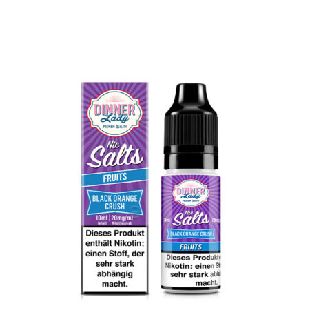 Dinner Lady Premium Liquid Black Orange Crush, Schwarze Johannisbeeren mit Orangen Geschmack Bild der Verpackung und der Liquid Flasche 20 mg Nikotinsalz Dampfen