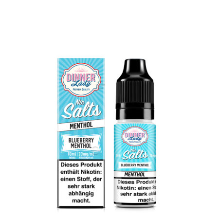 Dinner Lady Premium Liquid Blueberry Menthol, Beeren Menthol Geschmack Bild der Verpackung und der Liquid Flasche 20 mg Nikotinsalz Dampfen