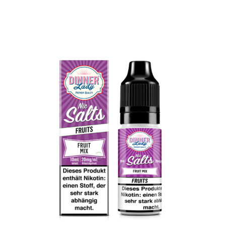 Dinner Lady Premium Liquid Fruit Mix, Früchte Mix Geschmack Bild der Verpackung und der Liquid Flasche 20 mg Nikotinsalz Dampfen