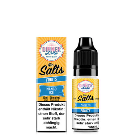Dinner Lady Premium Liquid Mango Ice, Mango Ice Geschmack Bild der Verpackung und der Liquid Flasche 20 mg Nikotinsalz Dampfen