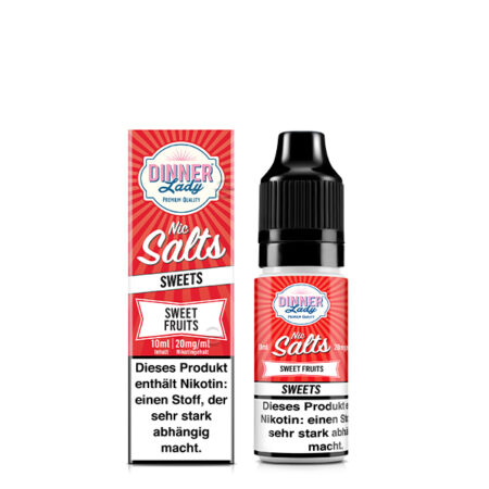 Dinner Lady Premium Liquid Sweet Fruits, Süße Früchte Geschmack Bild der Verpackung und der Liquid Flasche 20 mg Nikotinsalz Dampfen